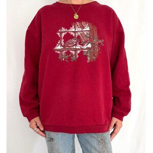 90s vintage red winter snow bird outdoor nature graphic cozy pullover sweatshirt